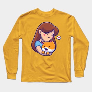 Cute Girl Hug Shiba Inu Dog Cartoon Long Sleeve T-Shirt